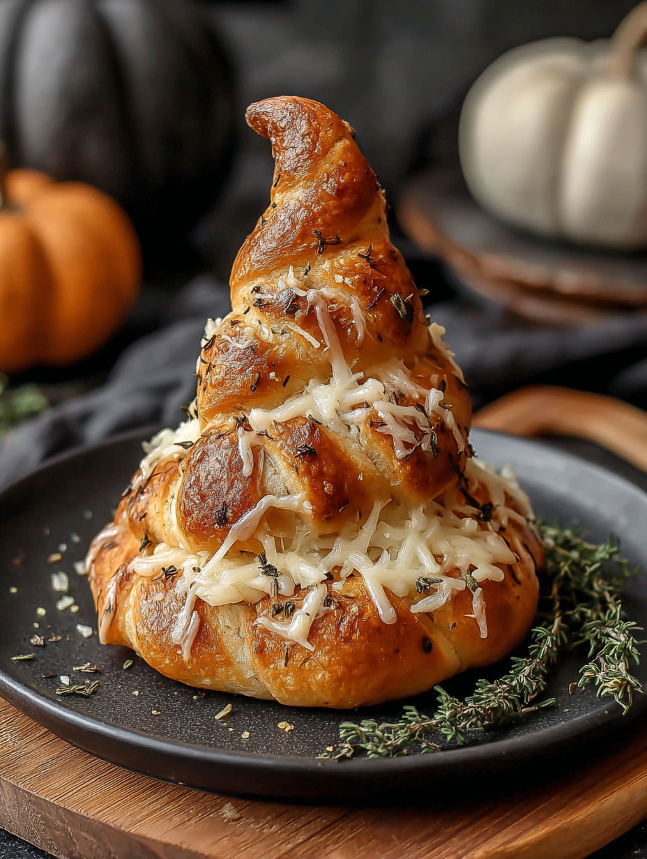 A cheesy bread with a witches hat on top.
