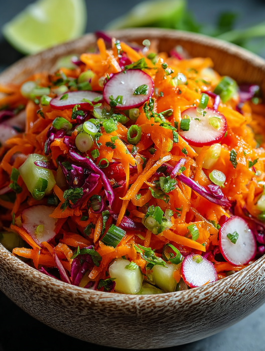 A bowl of vegetables including carrots and radishes.