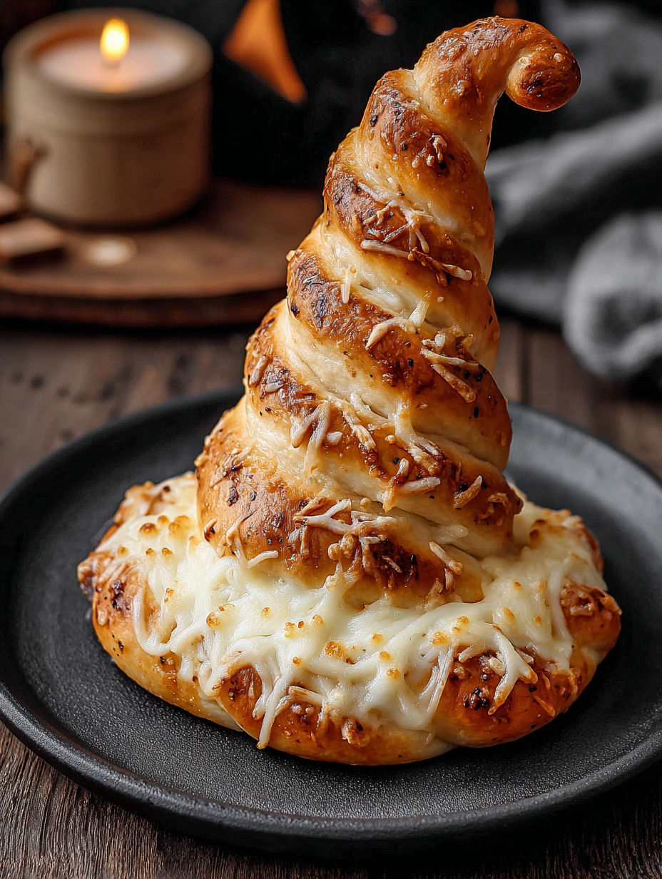 A cheesy bread in the shape of a witches hat.
