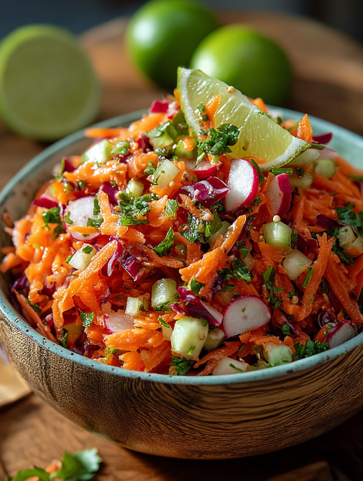 A bowl of vegetables with a lime wedge on top.