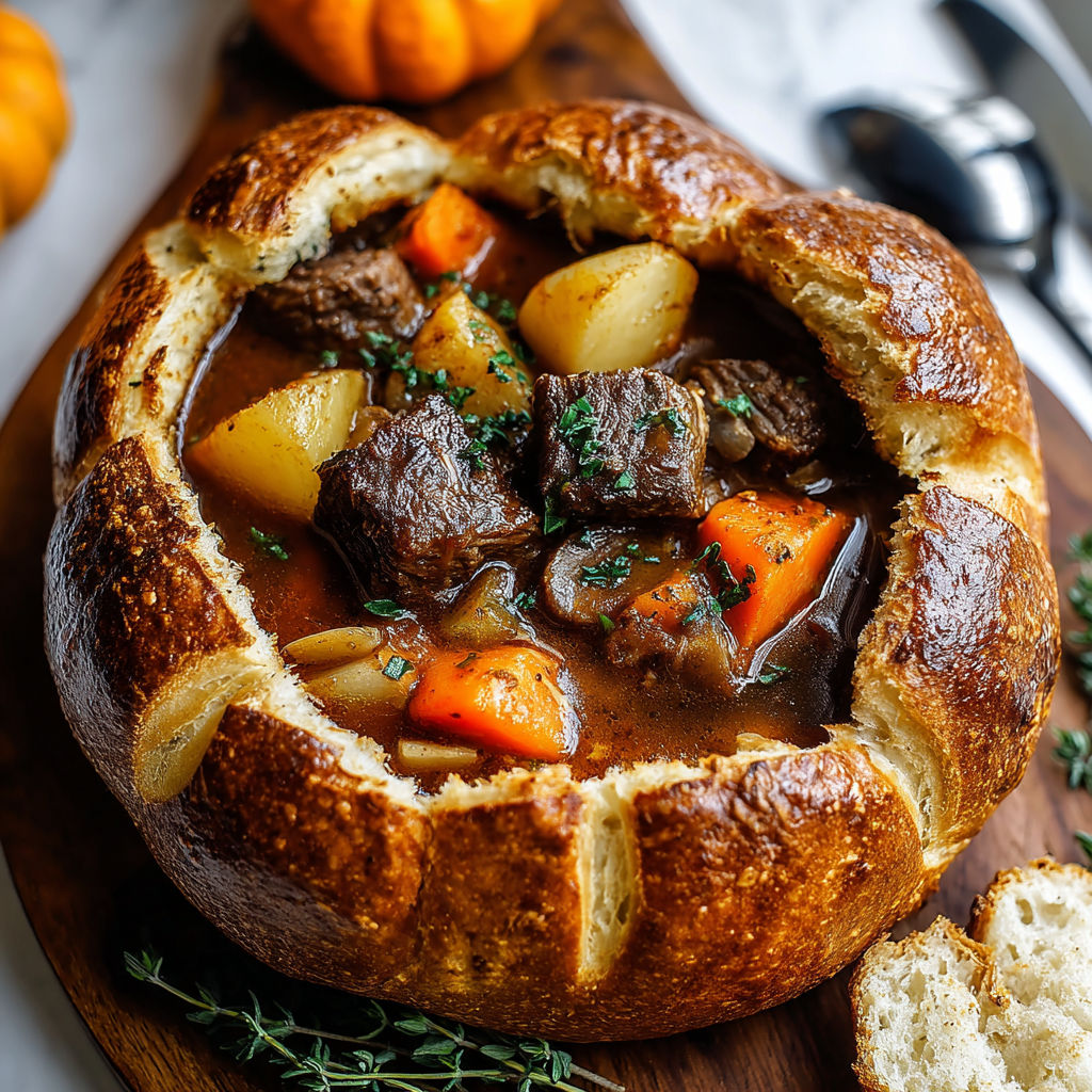 A large bread bowl filled with meat and vegetables.