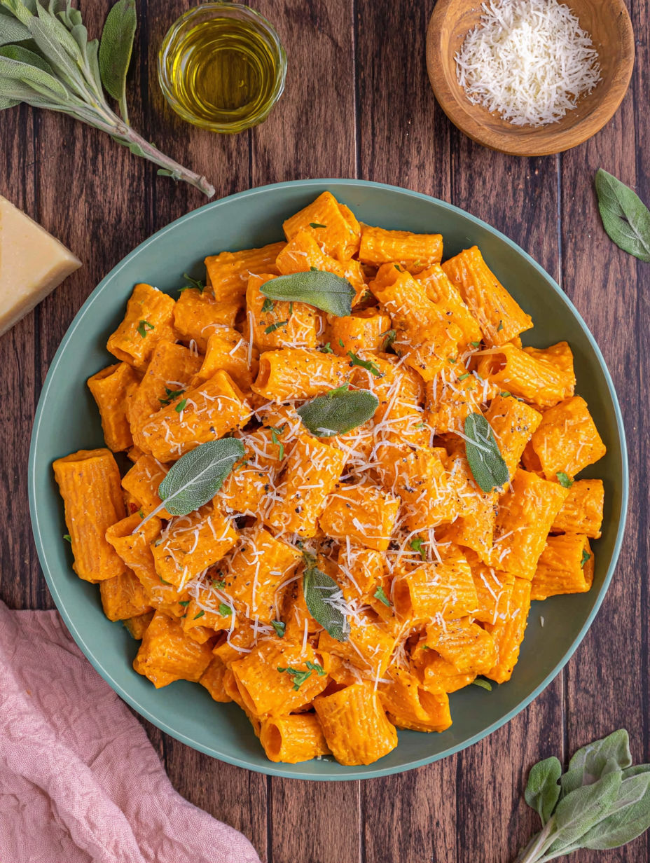 A bowl of pasta with cheese and herbs.