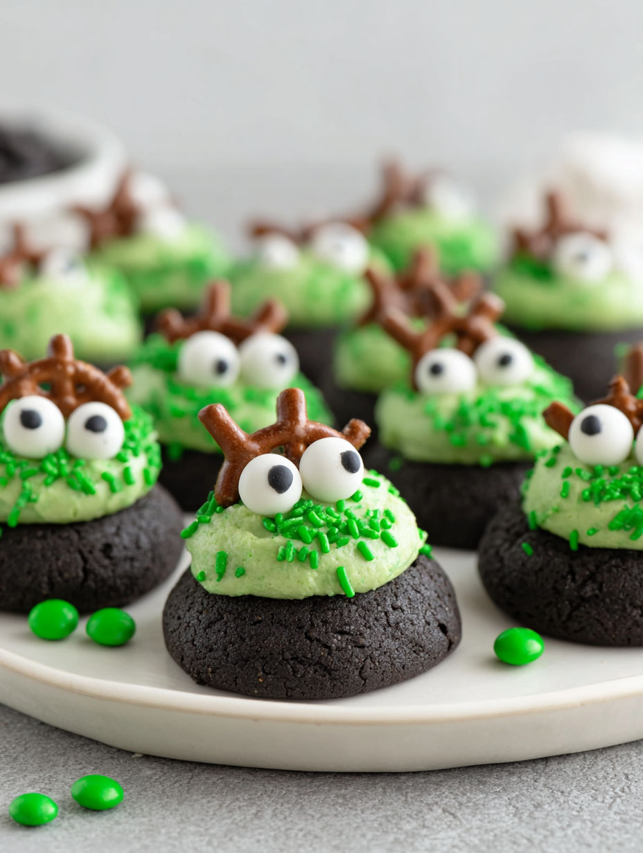 A plate of green and brown cookies with eyes.