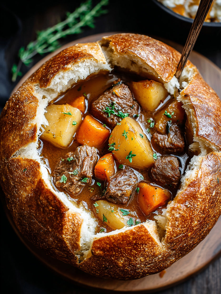 A bowl of soup with a spoon in it.