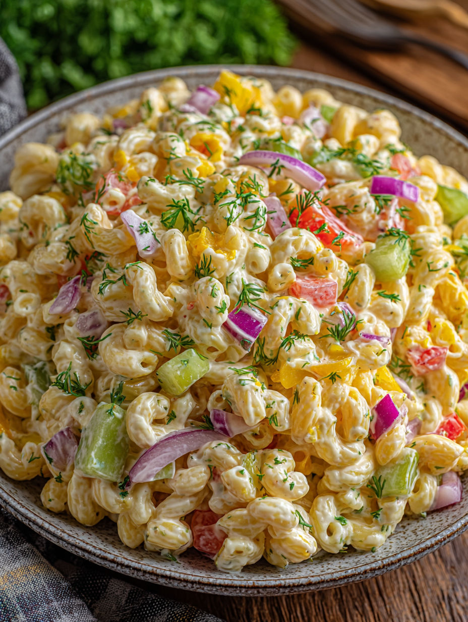 A bowl of macaroni salad with onions and parsley.
