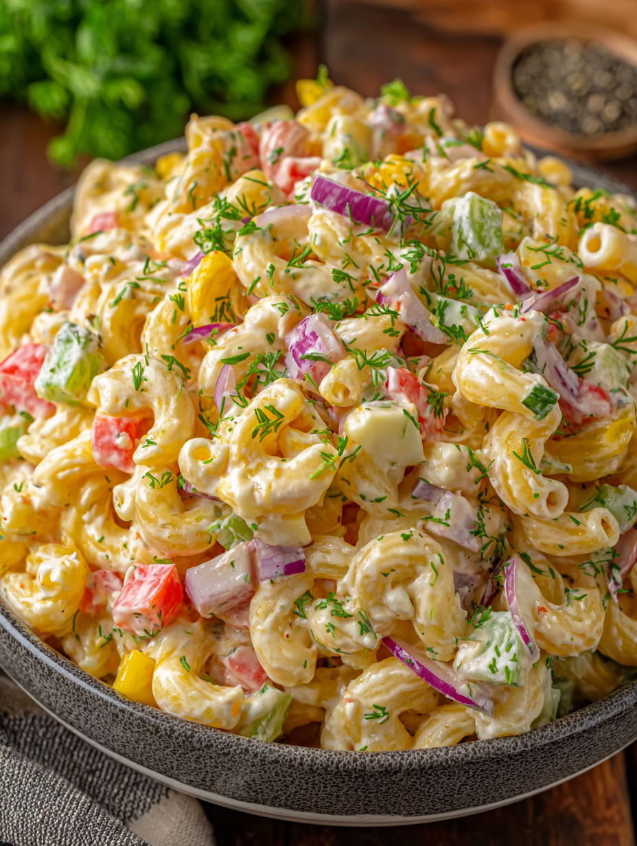 A bowl of macaroni salad with a variety of vegetables.
