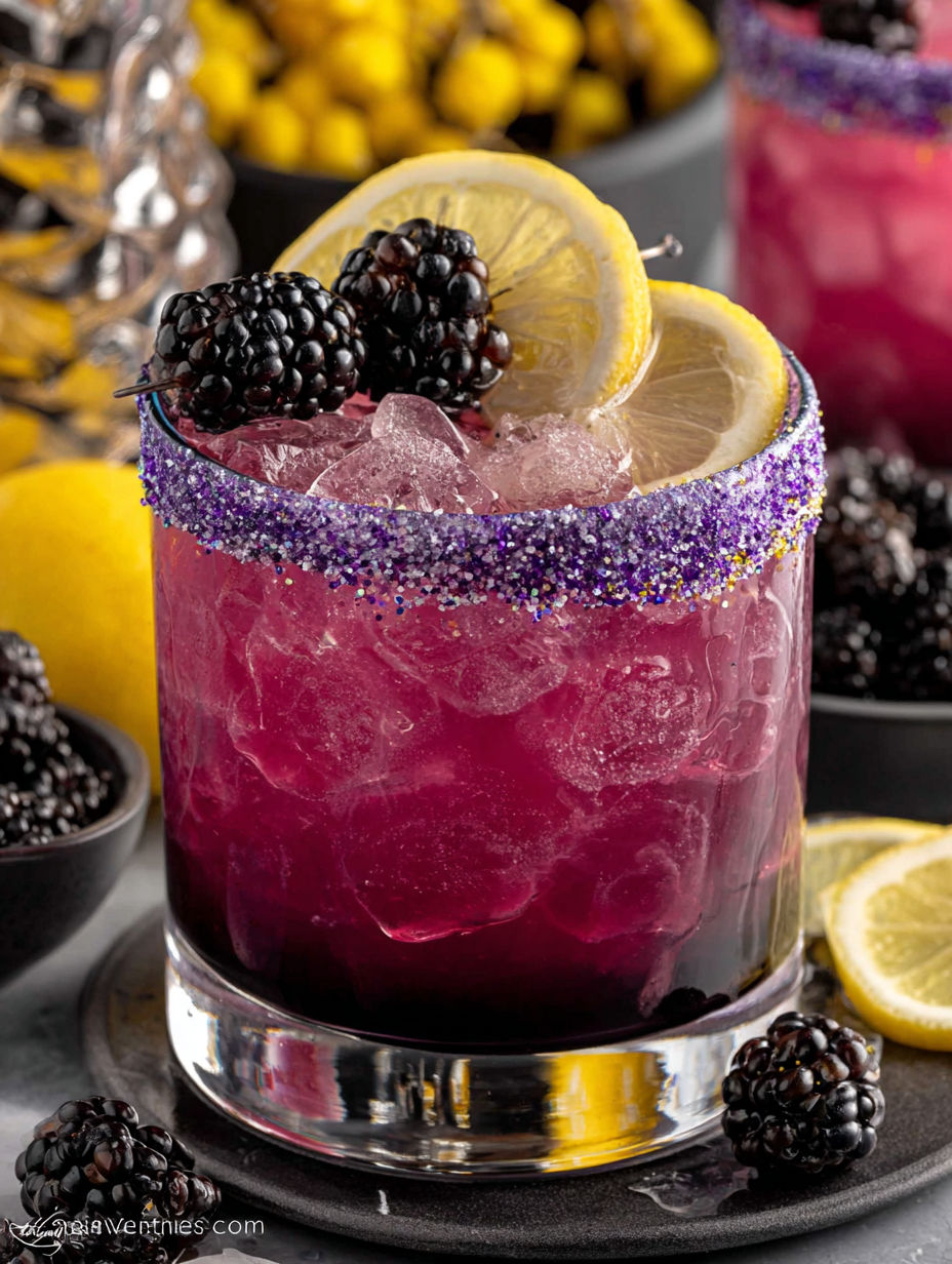 A glass of pink lemonade with blackberries and lemon slices.