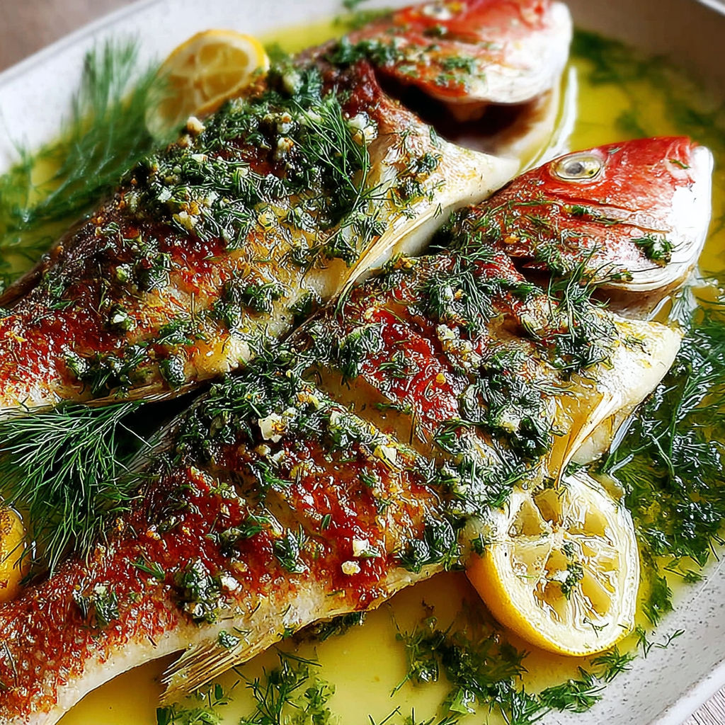 A whole baked fish with garlic and dill sauce.