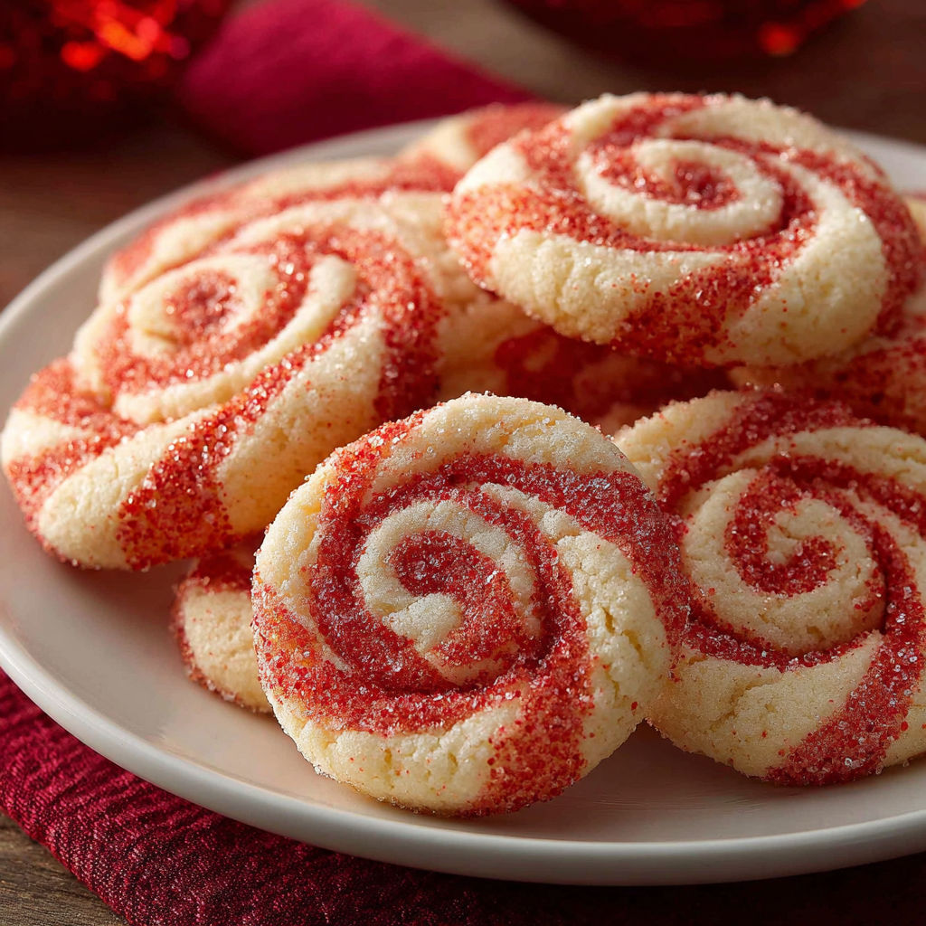A plate of cookies with red and white swirls.