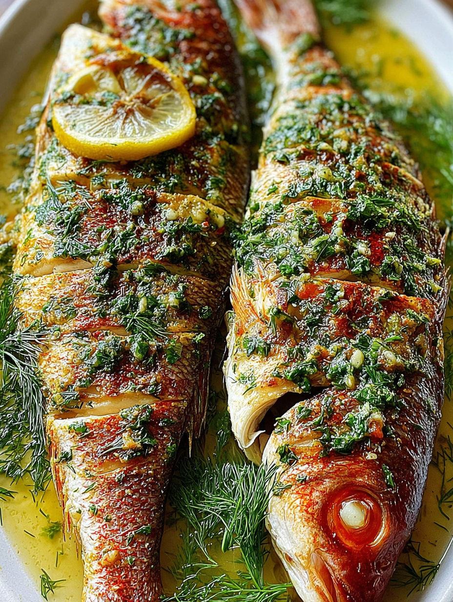 A whole baked fish with garlic and dill sauce.