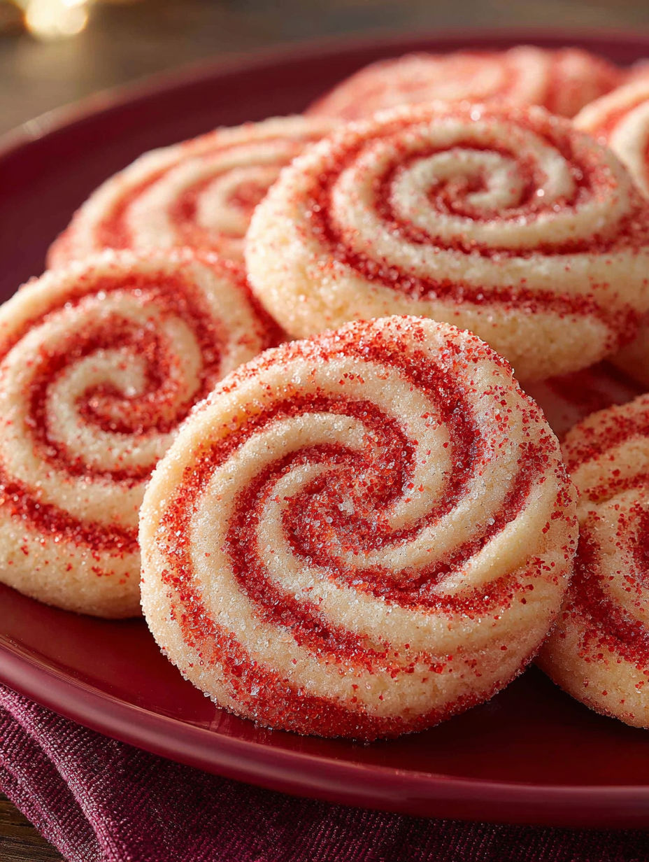 A plate of cookies with red and white swirls.
