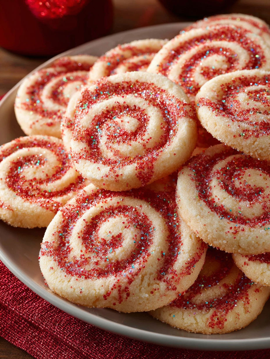 A plate of cookies with red and white sprinkles.