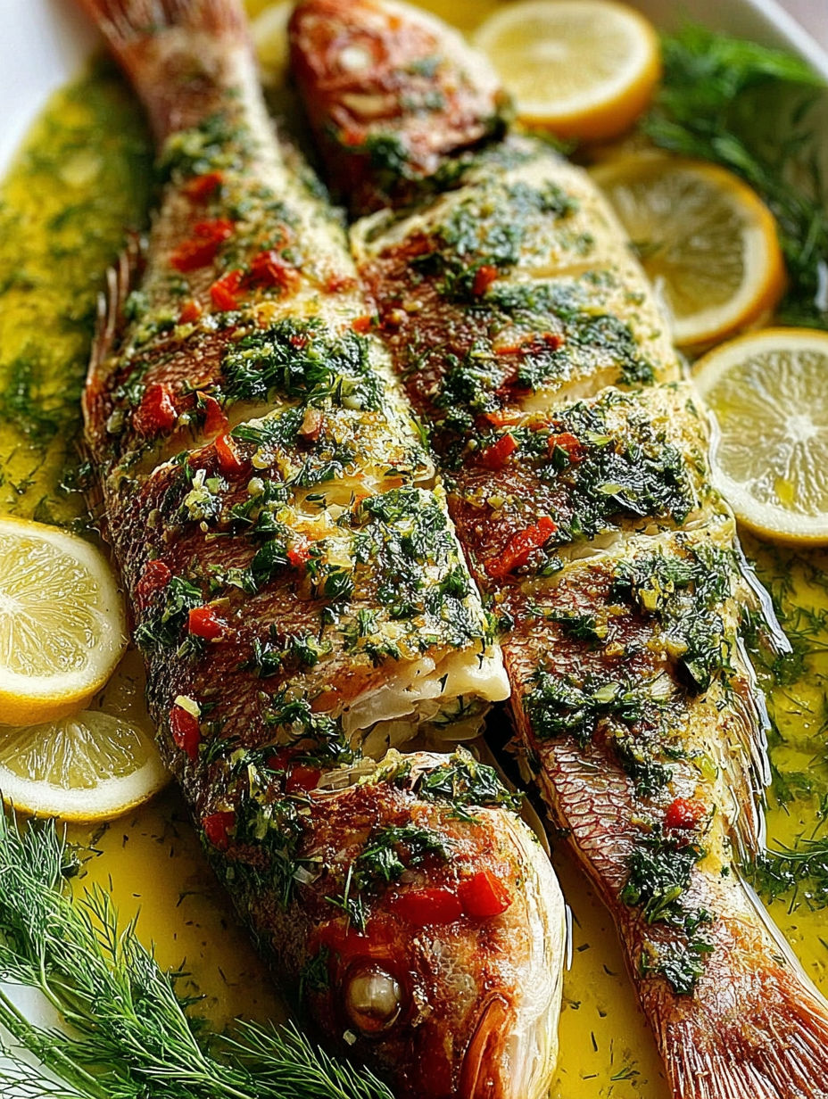 A whole baked fish with garlic and dill sauce.