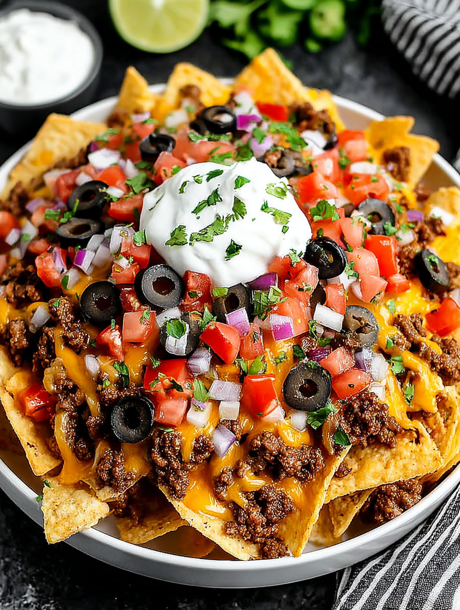 A plate of nachos with cheese and tomatoes.