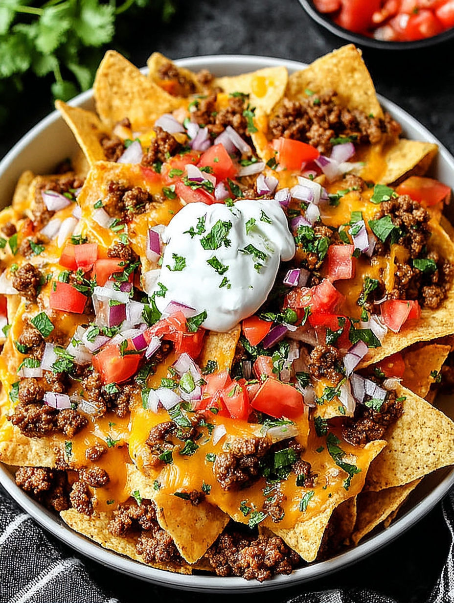 A bowl of nachos with white cheese and tomatoes.