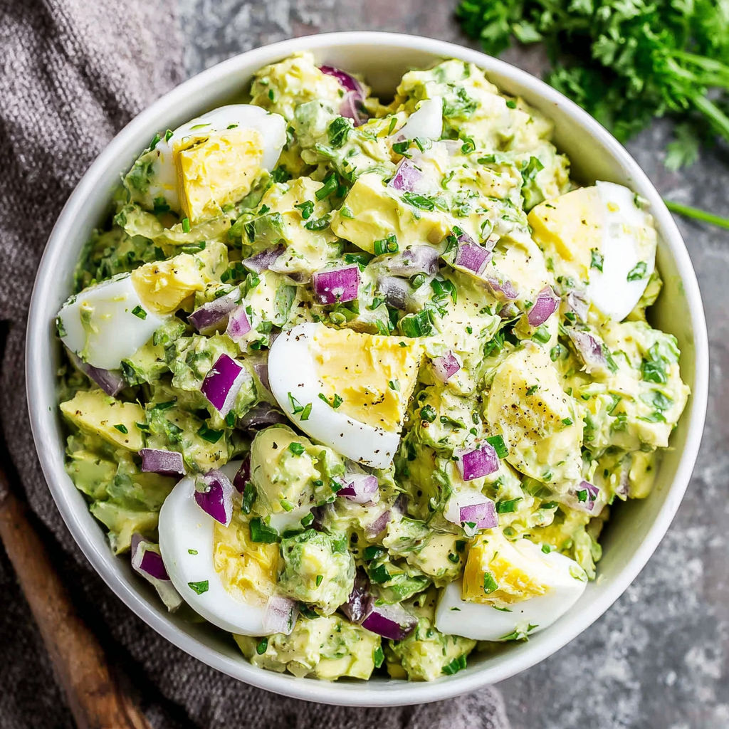 A bowl of avocado egg salad.
