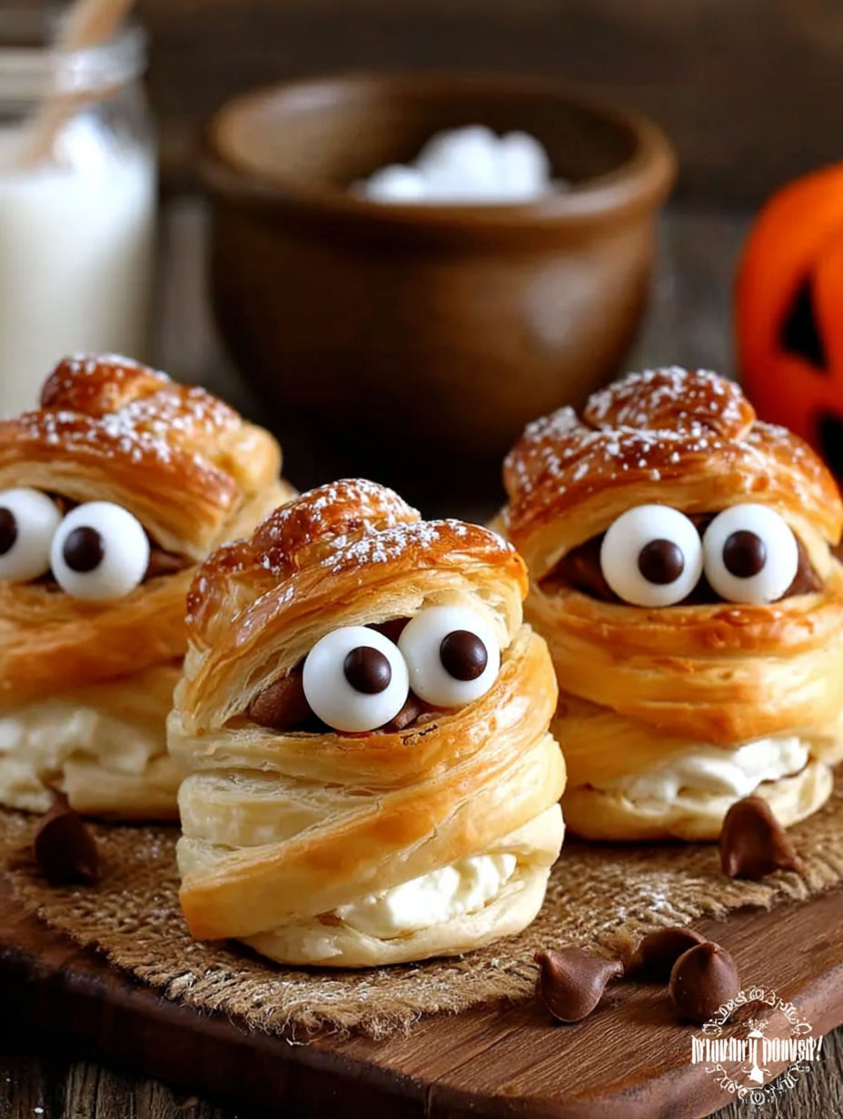 Three mummy wrapped cheesecake bites.