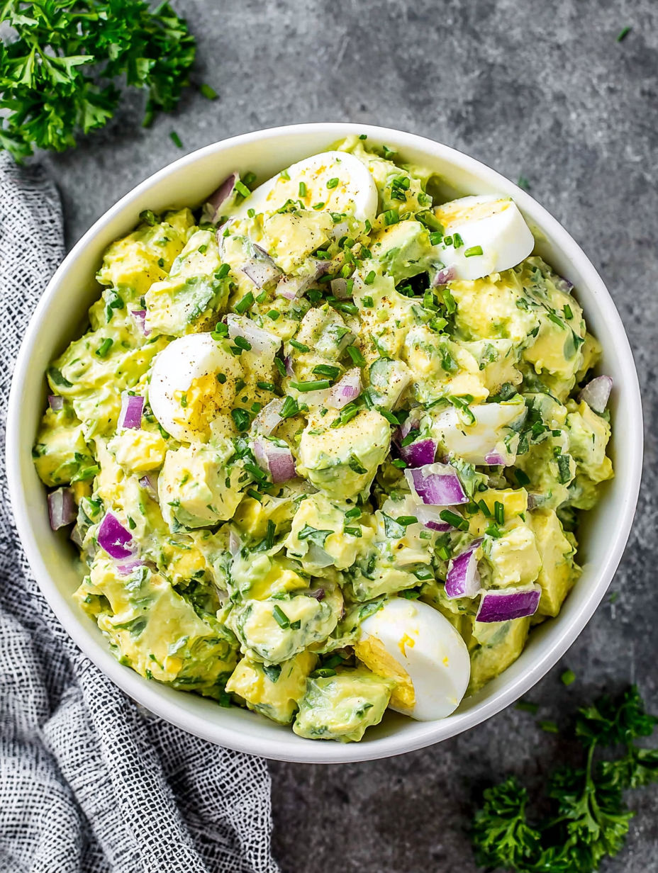 A bowl of food with eggs, onions, and avocado.