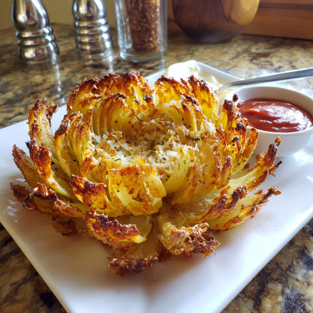 A close up of a blooming onion in an oven.
