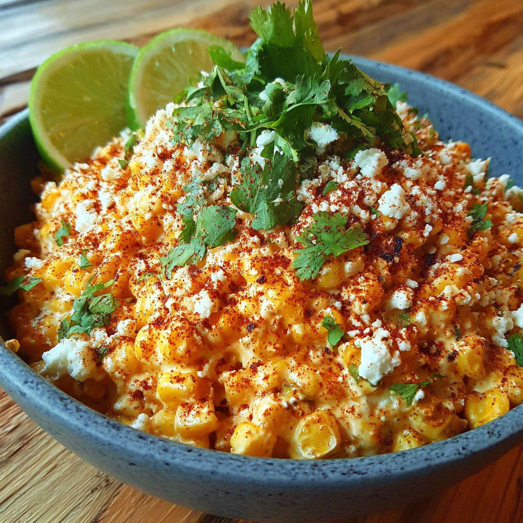 A bowl of Mexican street corn salad with lime wedges on top.