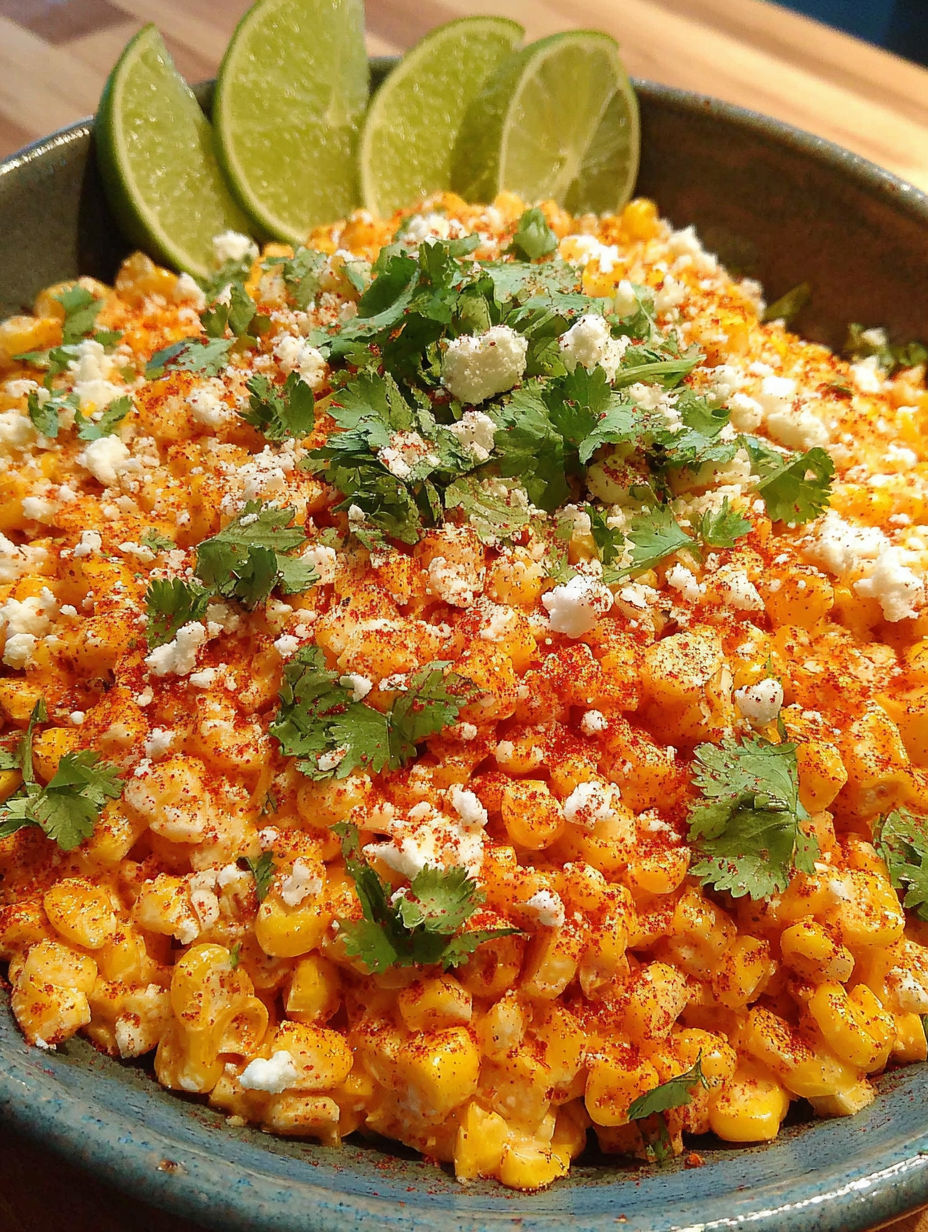 A bowl of food with corn and cheese.
