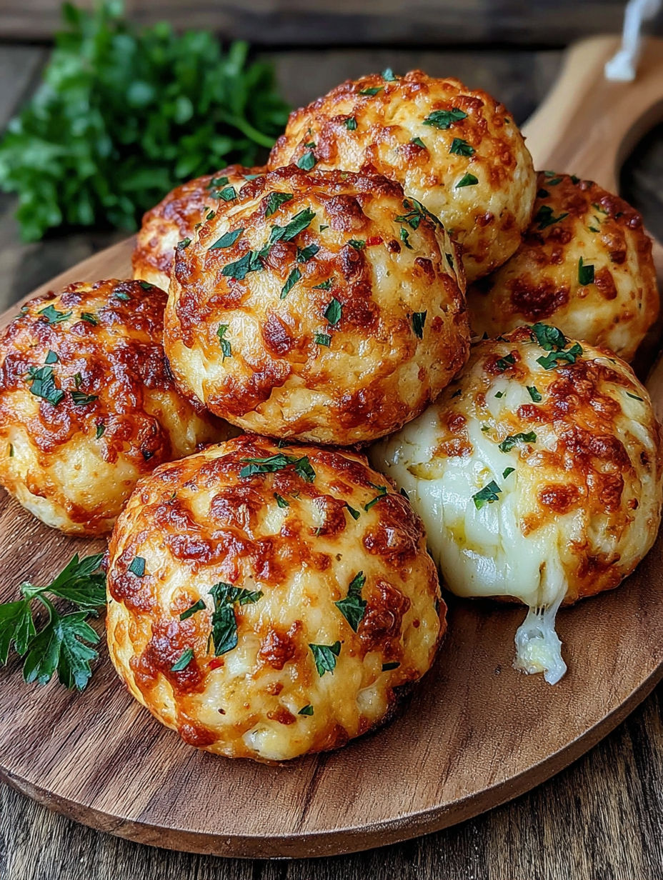 A wooden cutting board with cheesy garlic balls on it.