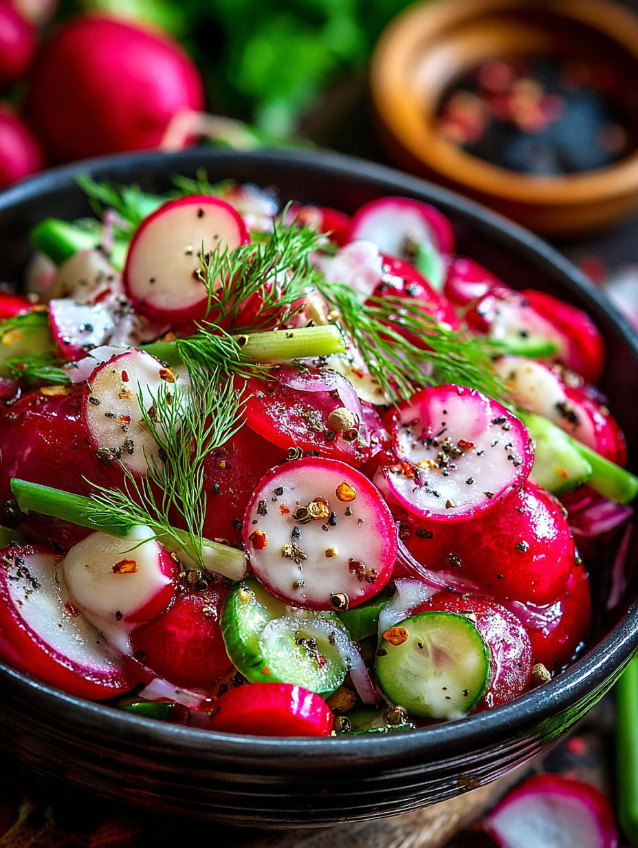A bowl of food with radishes, cucumbers, and other vegetables.