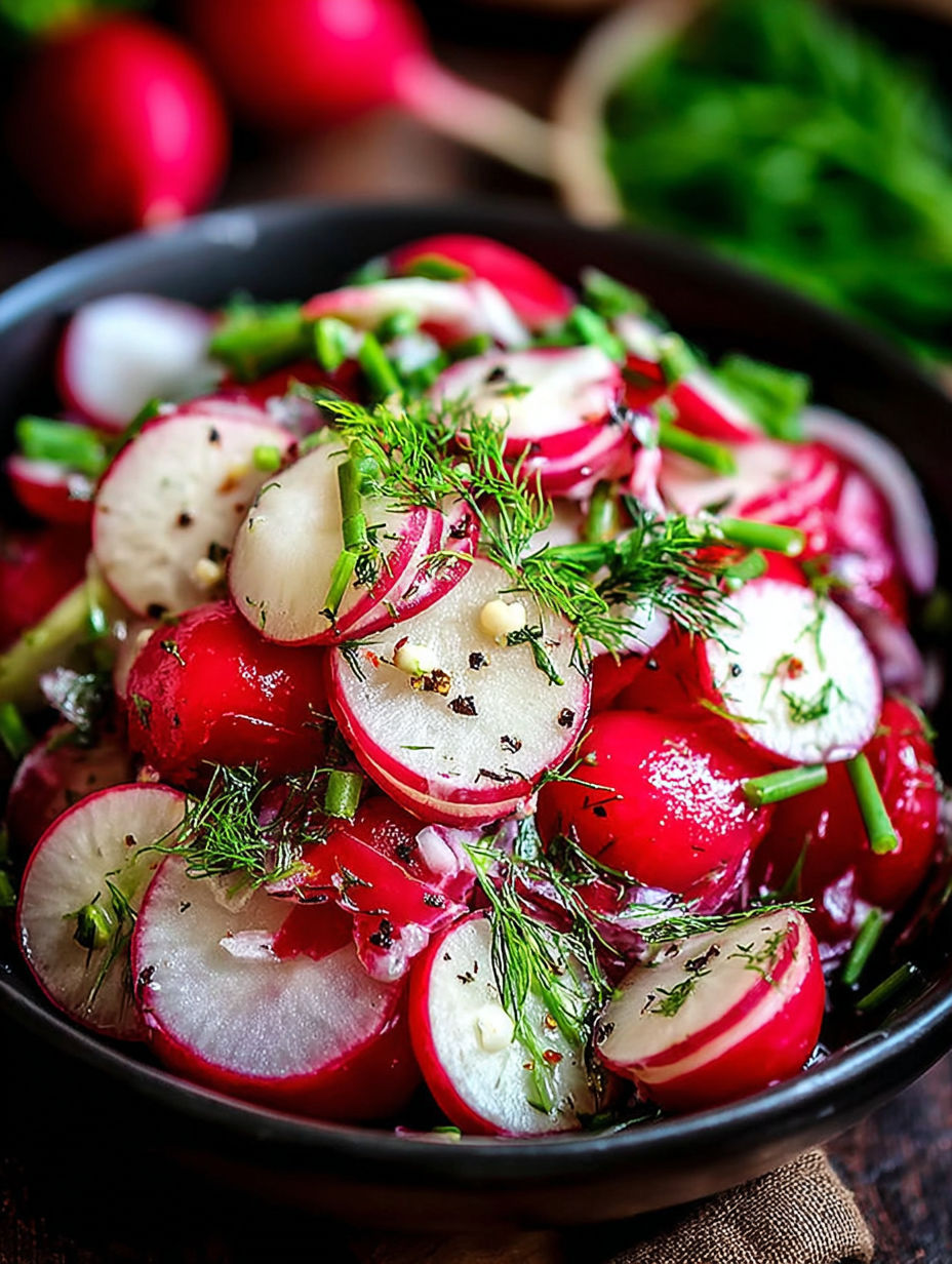 A bowl of vegetables including radishes, onions, and greens.