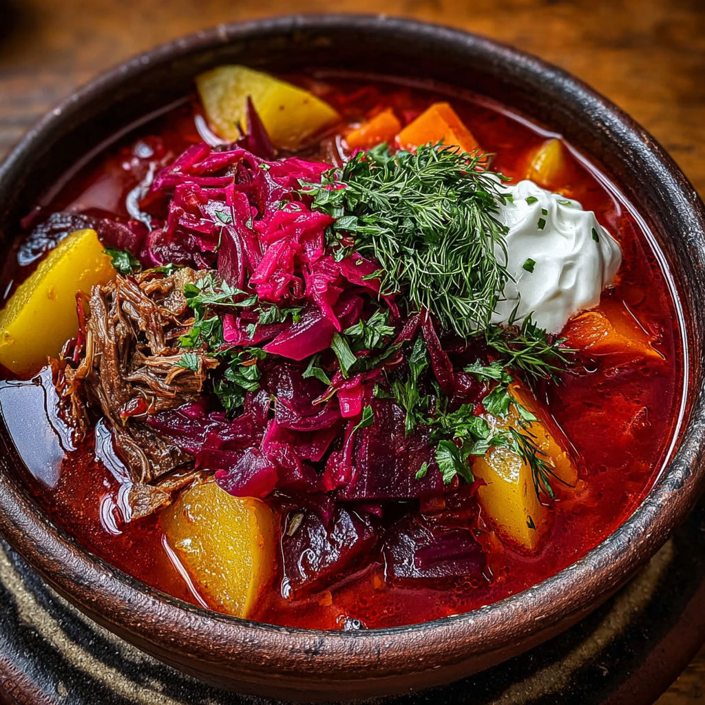 A bowl of red soup with beets and meat.