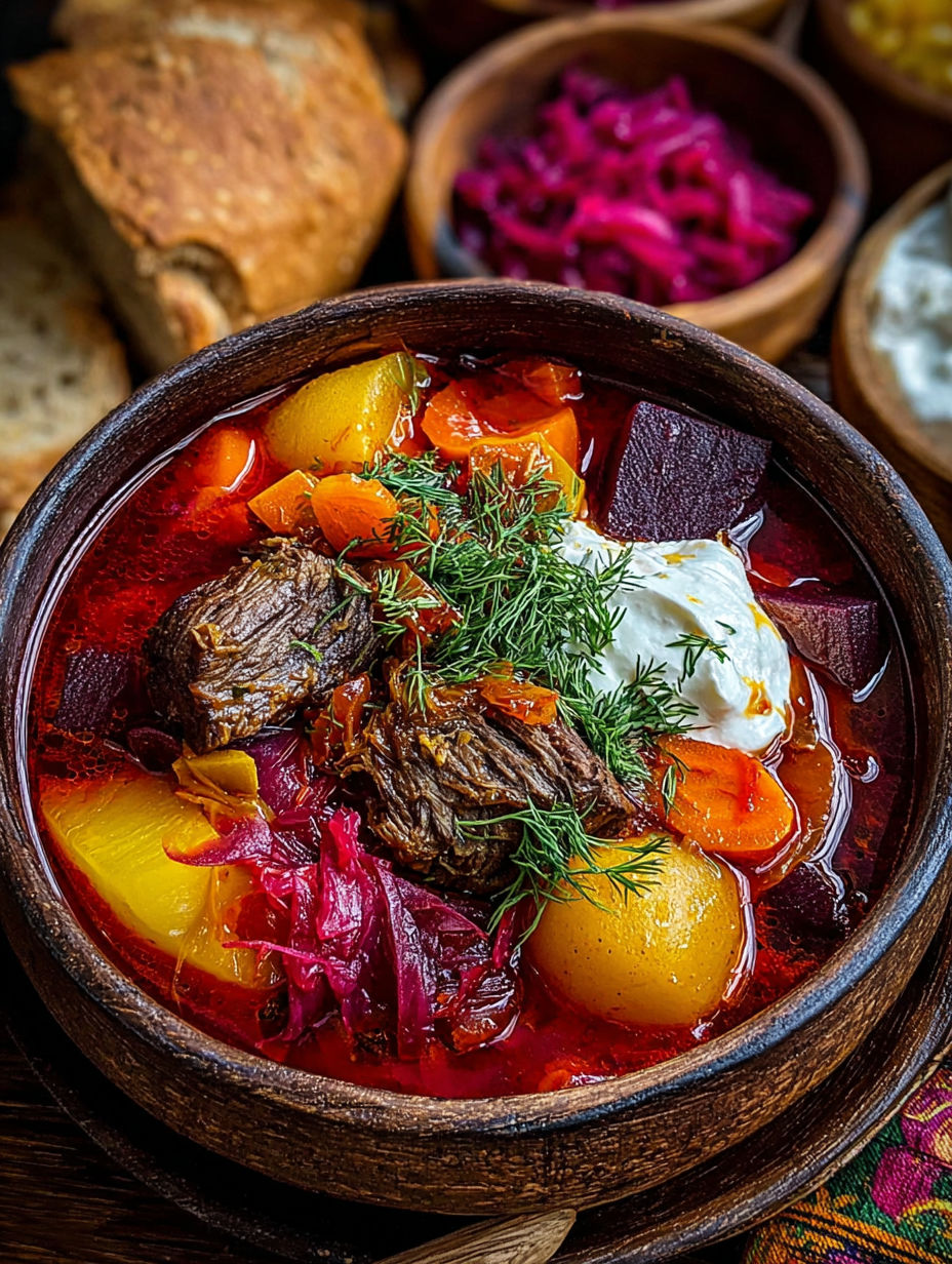 A bowl of soup with meat and vegetables.