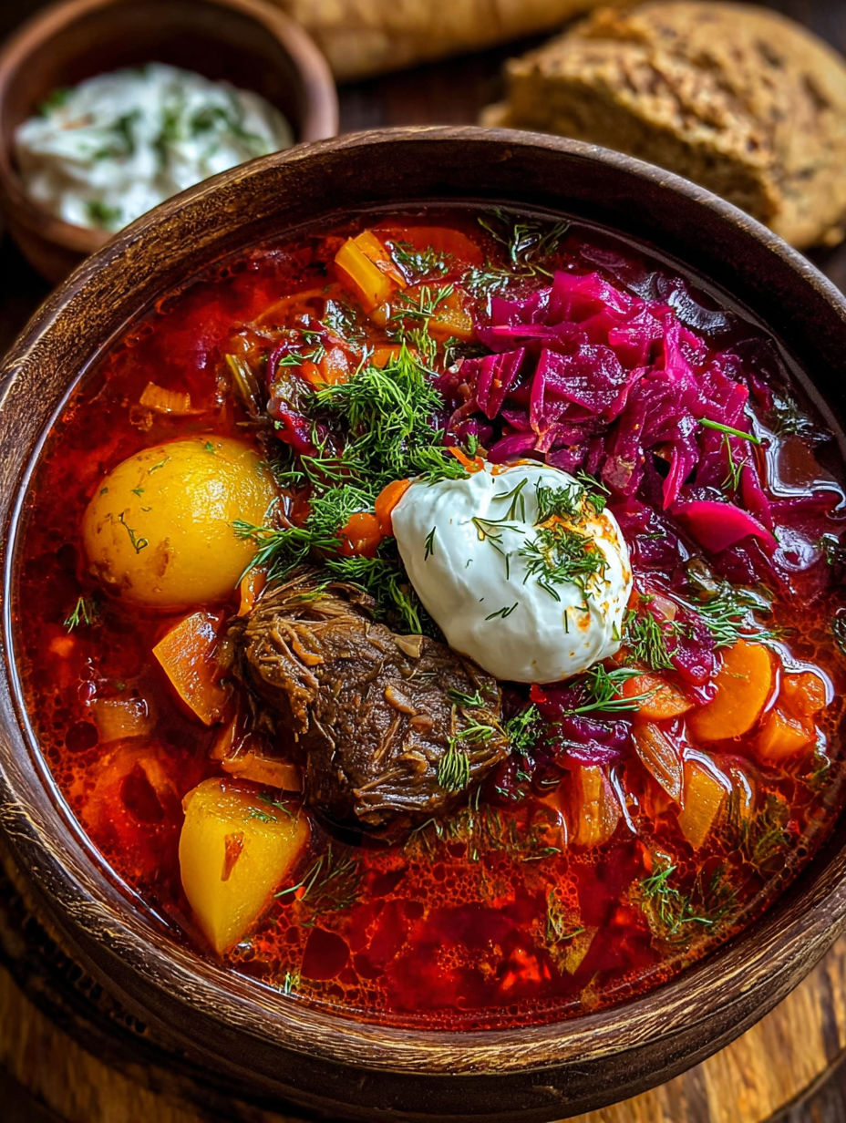 A bowl of authentic Ukrainian borscht soup.