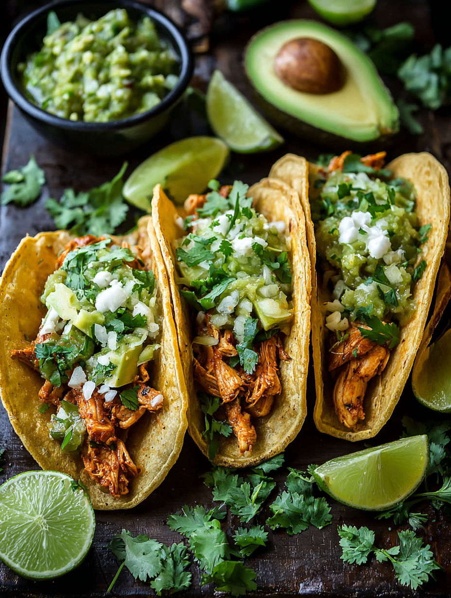 A plate of food with two tacos and a bowl of guacamole.