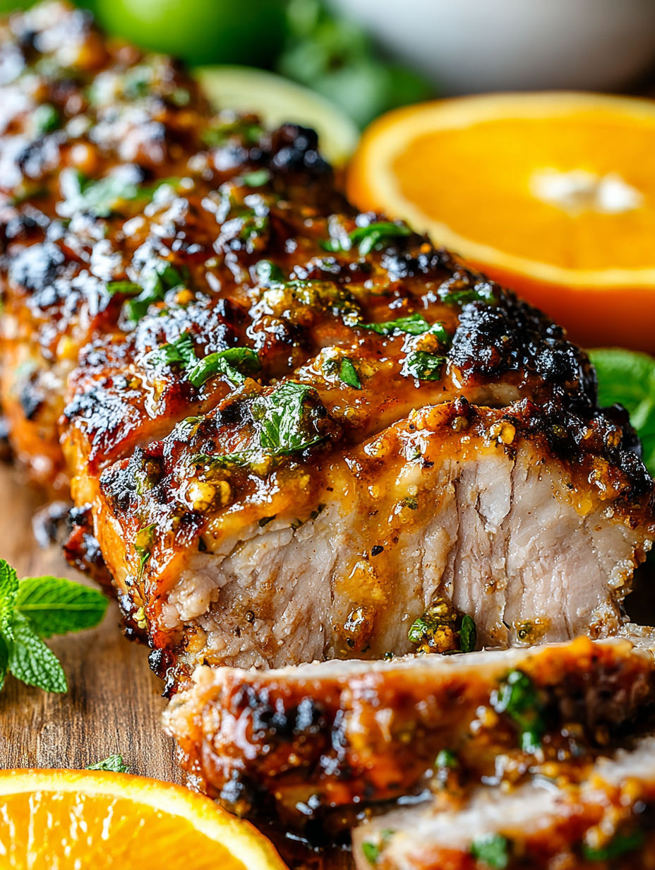 A piece of meat with a slice of orange on the side.