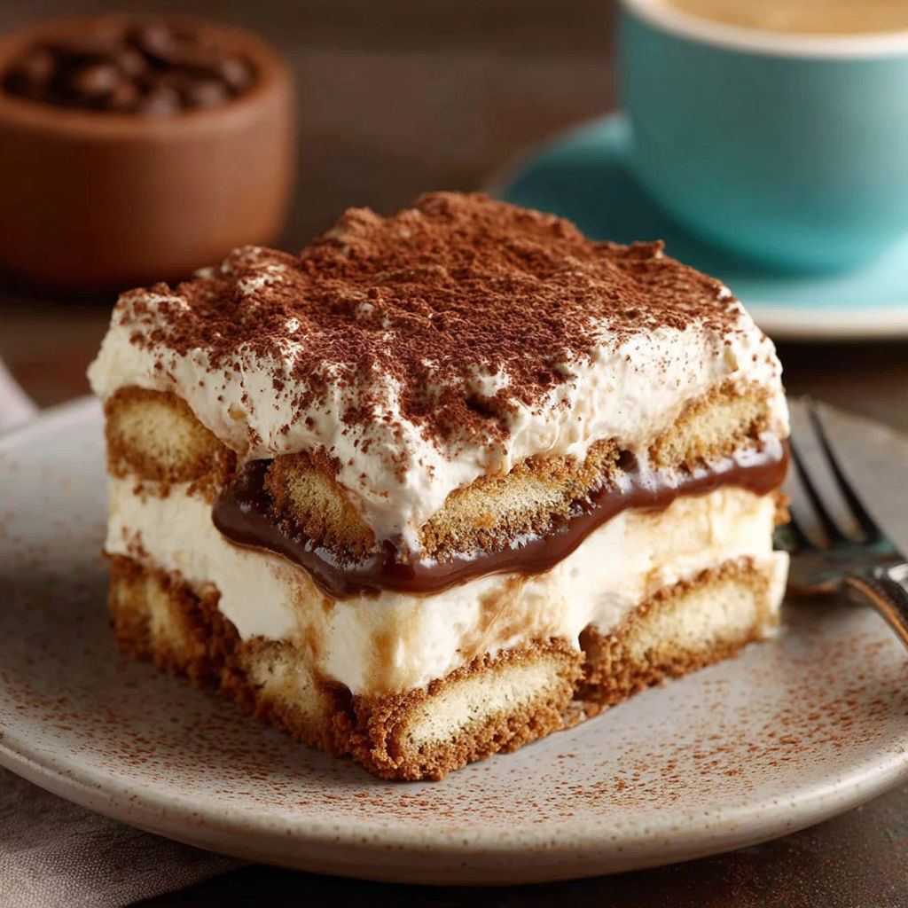 A slice of Tiramisu with chocolate drizzled on top.