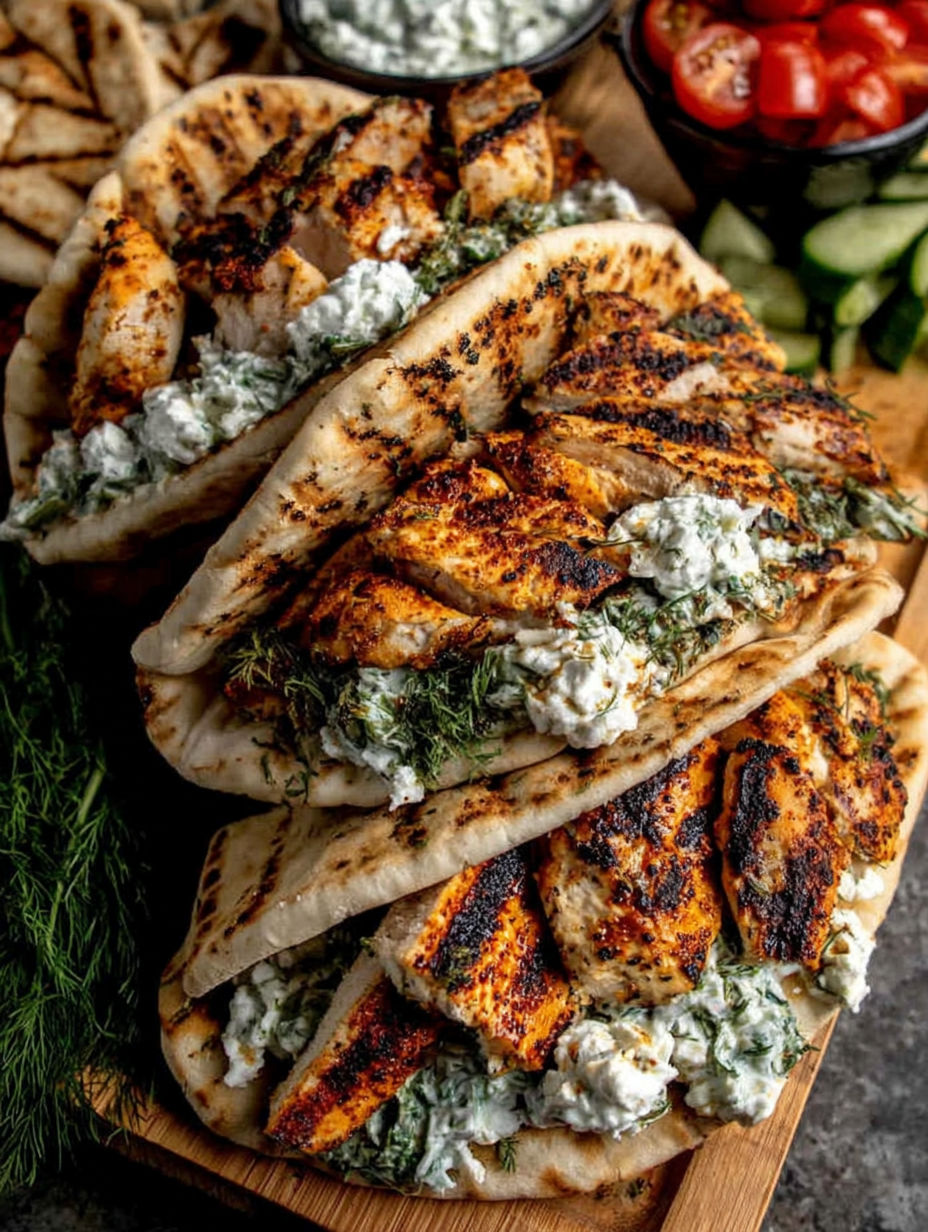 A stack of chicken pita sandwiches with blue cheese.