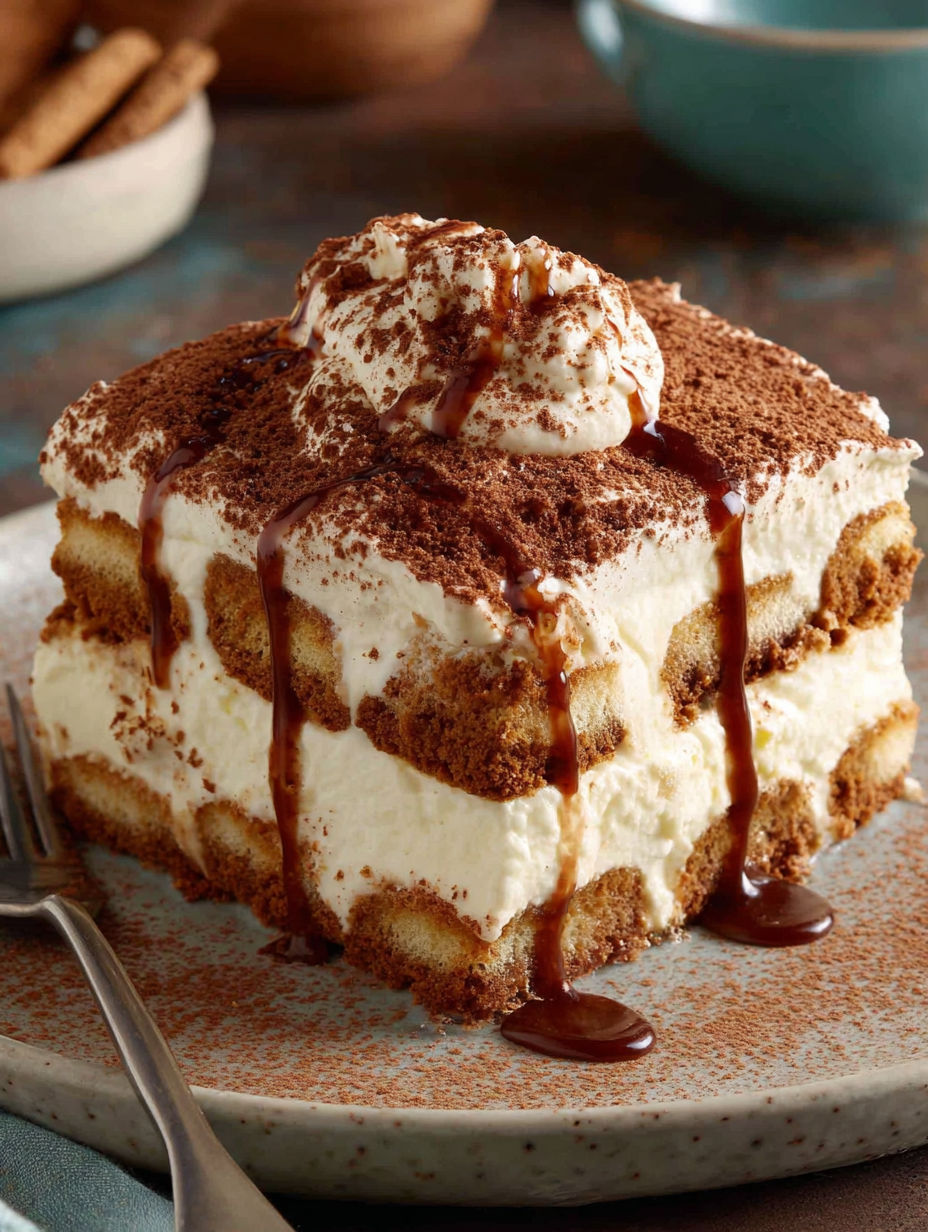 A slice of cake with chocolate drizzle.