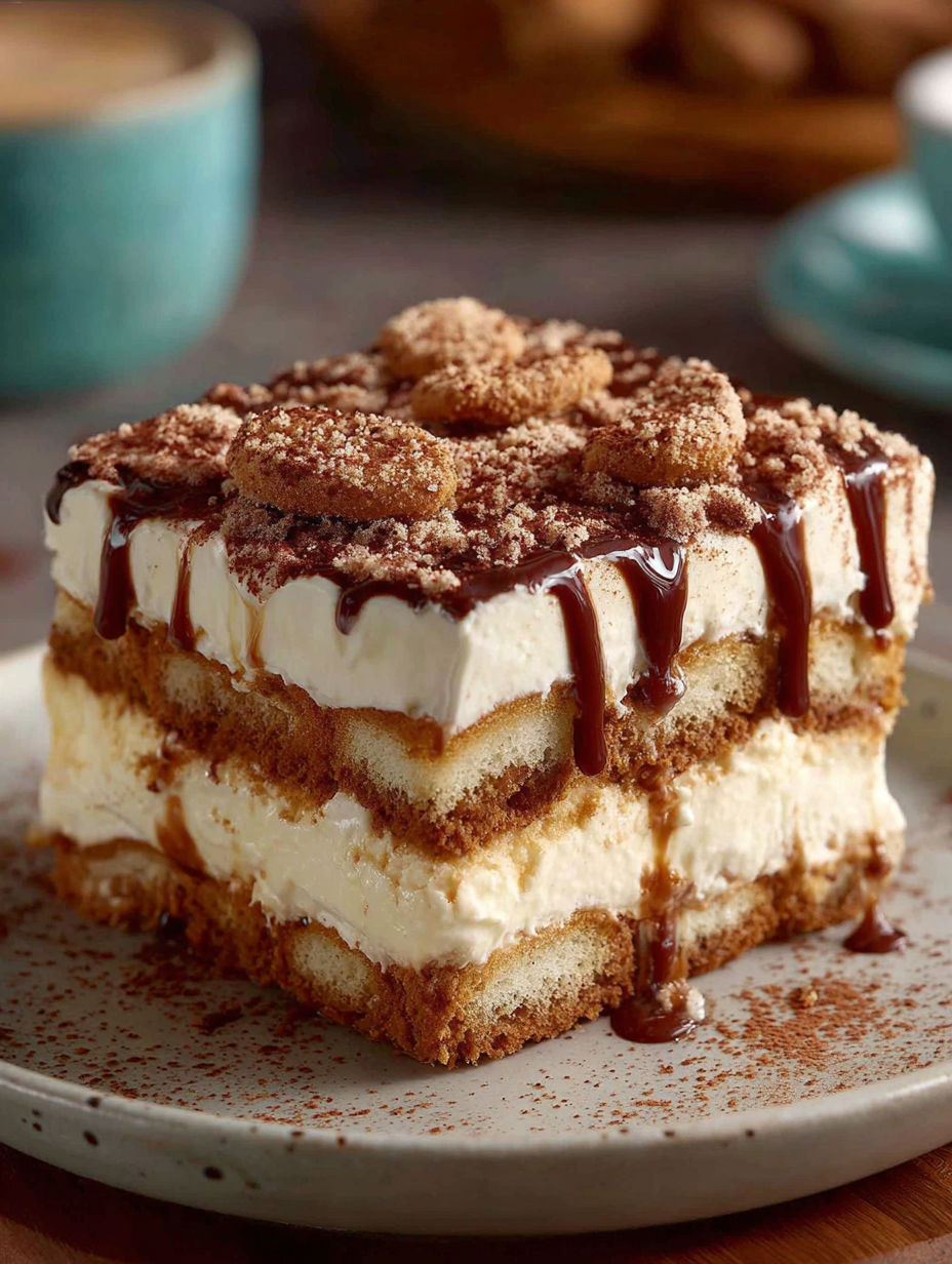 A slice of cake with chocolate drizzled on top.