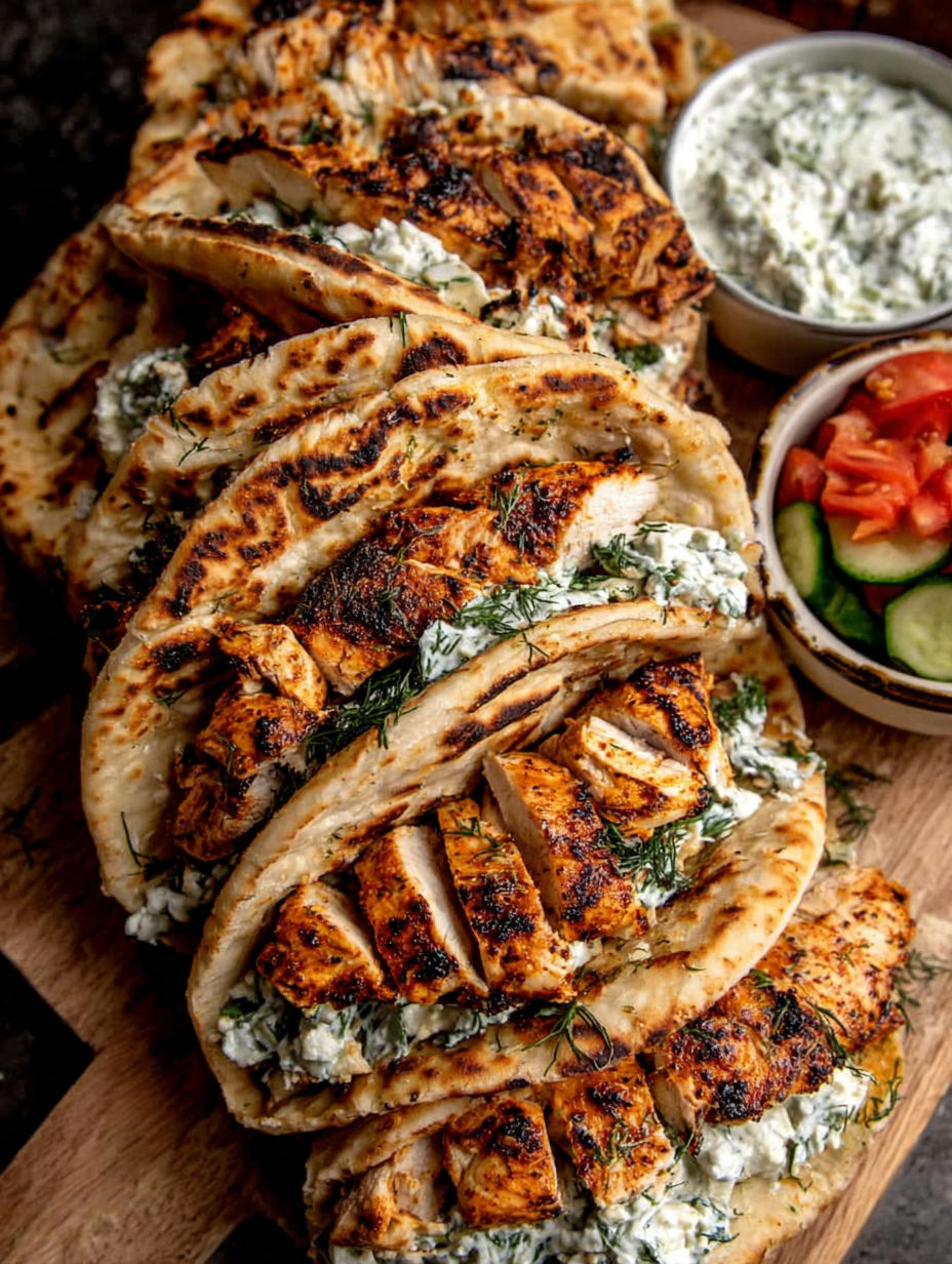 A stack of chicken pita sandwiches with blue cheese.