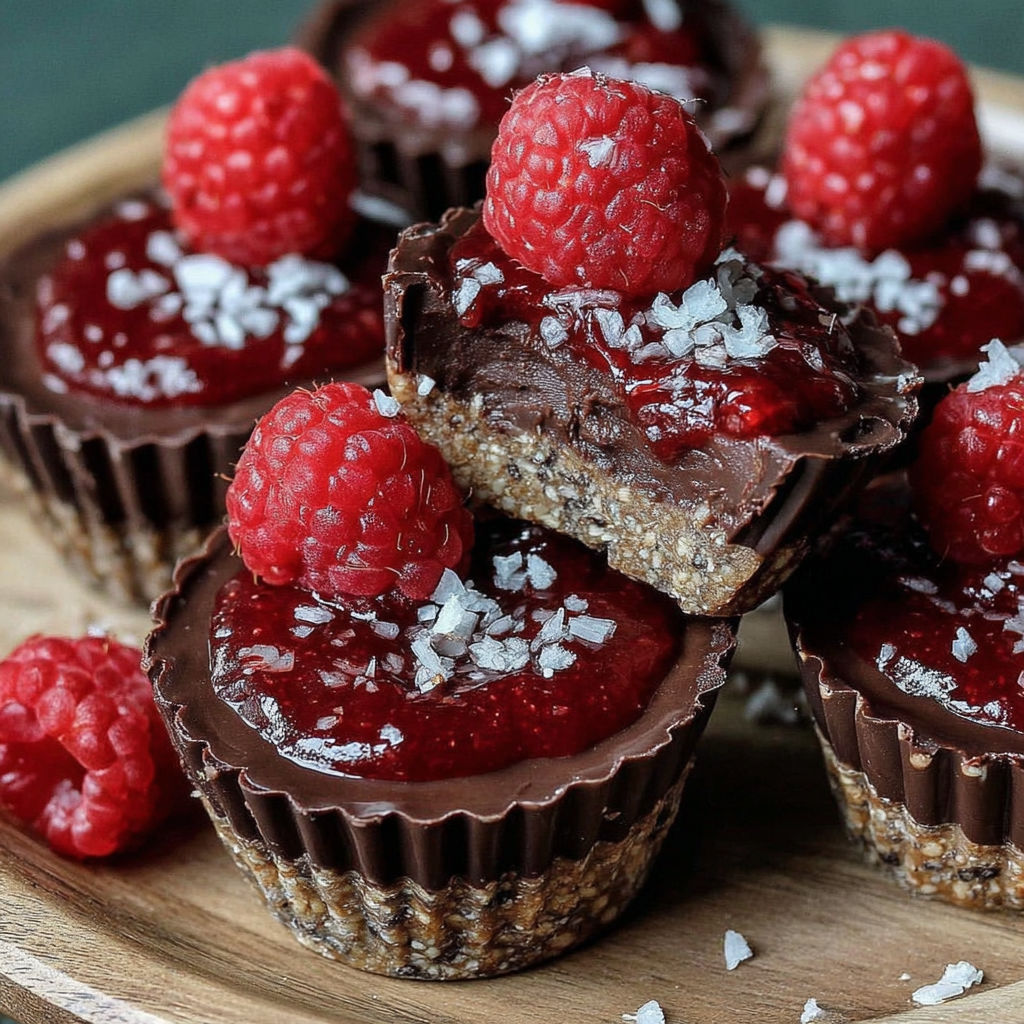 A plate of chocolate mousse cups with raspberries on top.
