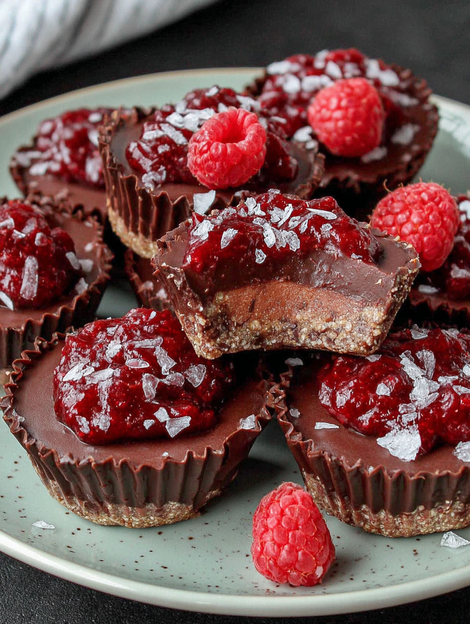 A plate of chocolate mousse cups with raspberries on top.