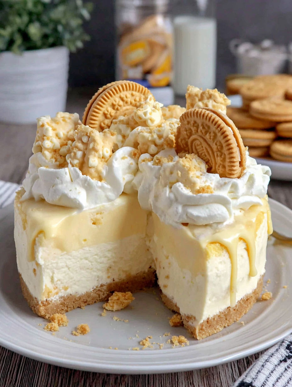 A slice of white chocolate golden oreo cheesecake.