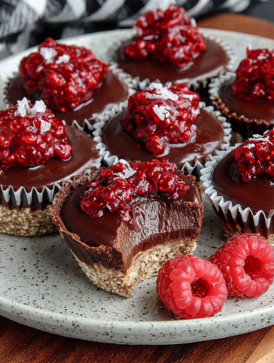 A plate of chocolate mousse cups with raspberries on top.
