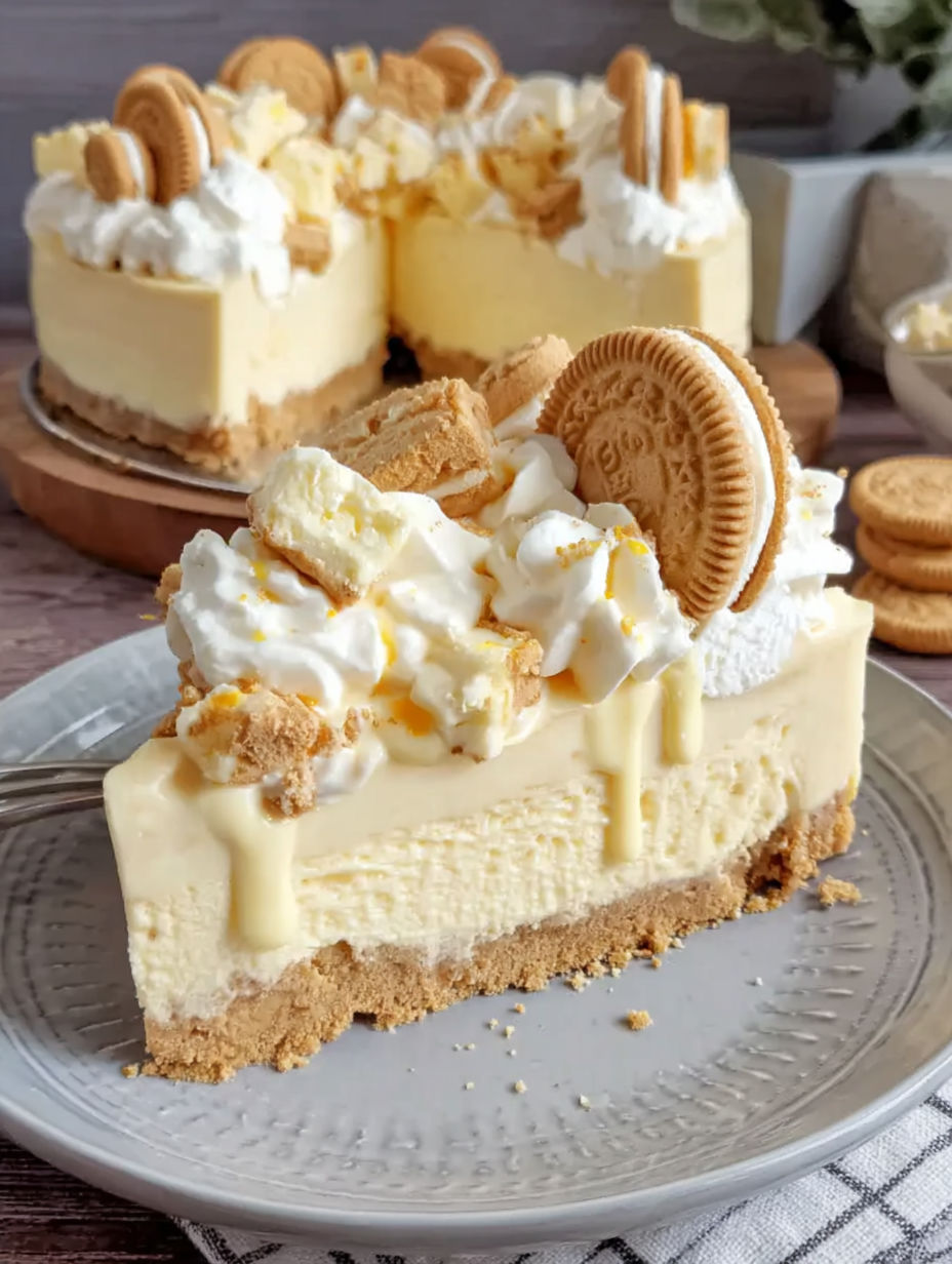 A slice of white chocolate golden oreo cheesecake.