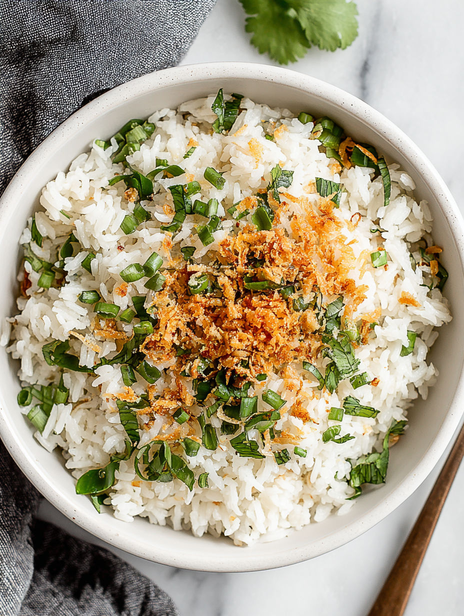 A bowl of rice with coconut, garlic, and ginger.