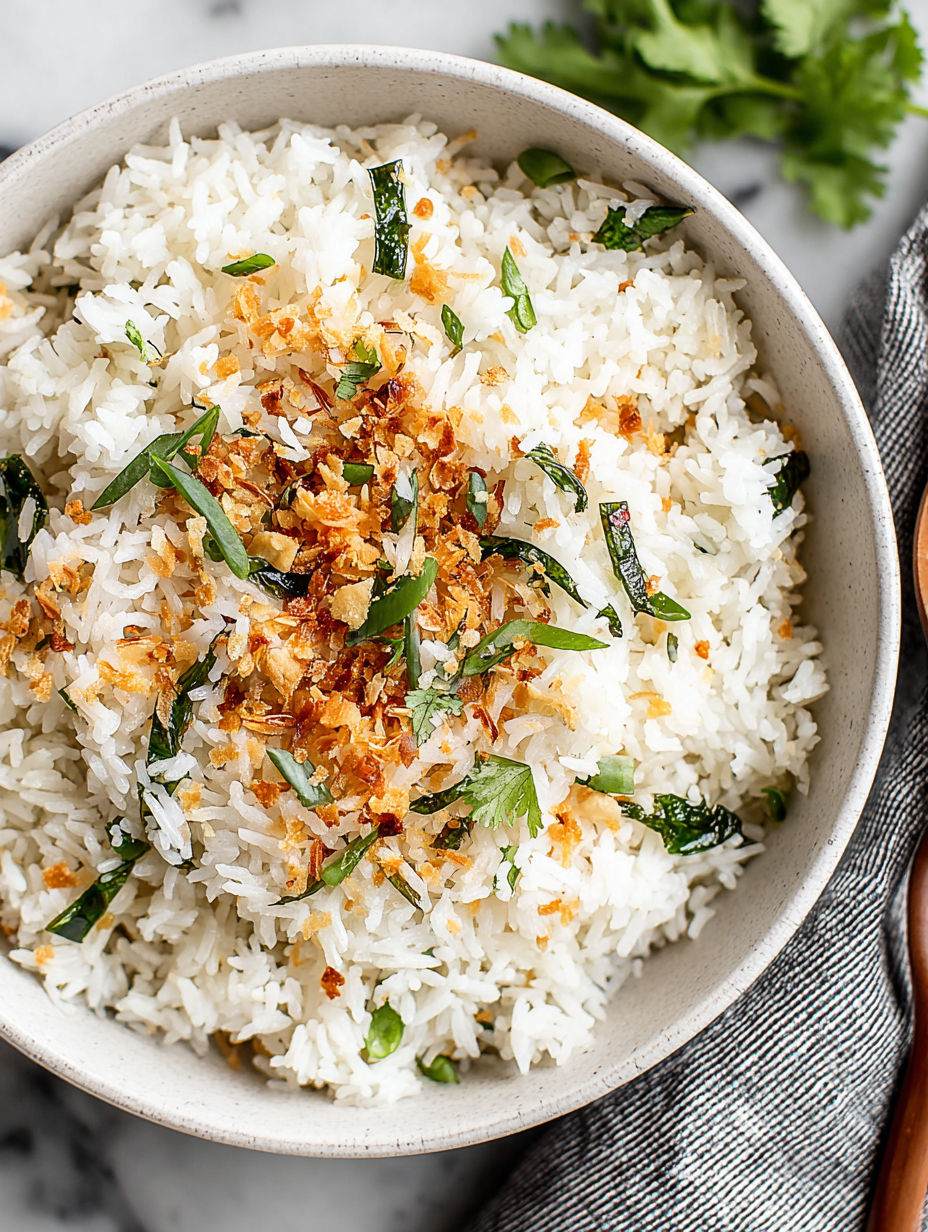 A bowl of rice with ginger and garlic.