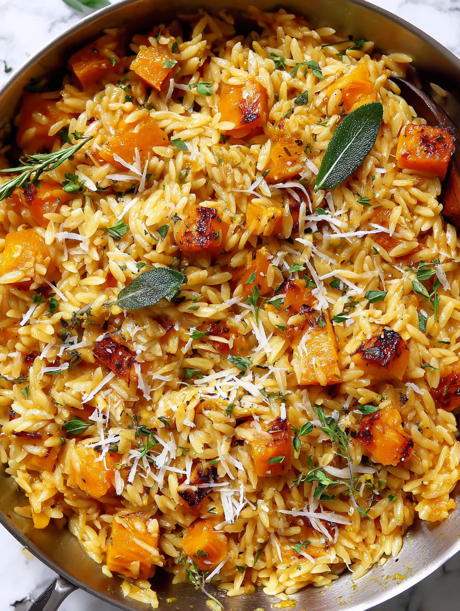 A dish of rice with butternut squash and sage.