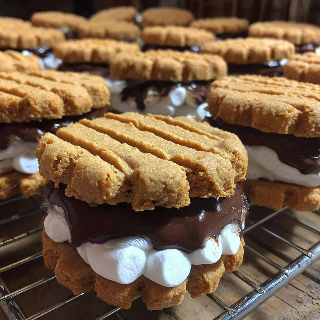 A close up of a peanut butter s'mores sandwich cookie.