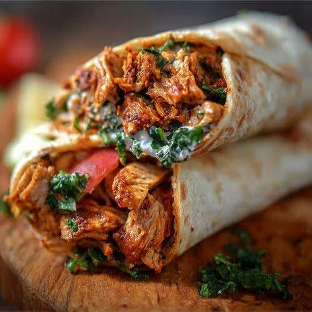A chicken shawarma wrap on a wooden table.
