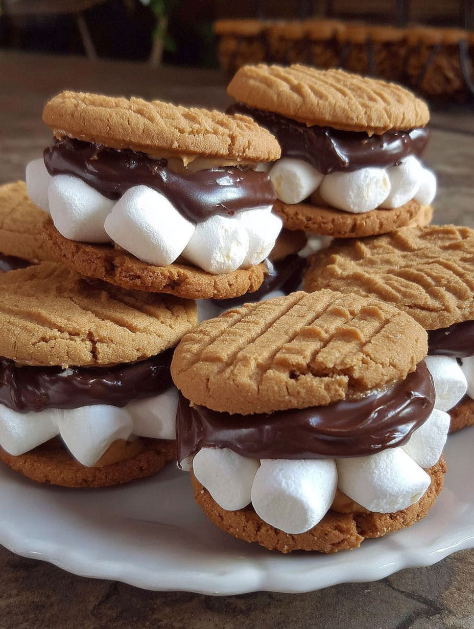 A stack of cookies with marshmallows on top.