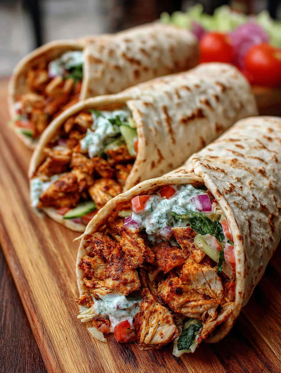 Two chicken wraps on a wooden table.